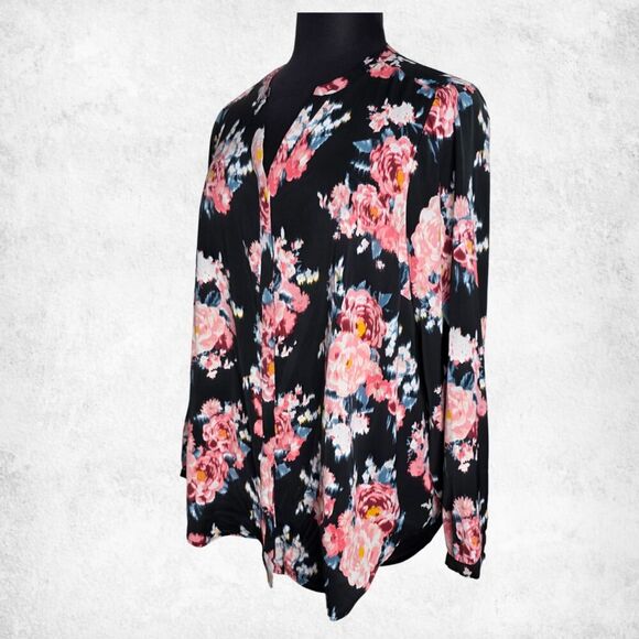 Torrid Floral Blouse 3X – Black Pink Rose Print Top Plus Size Long Sleeve - Picture 3 of 6